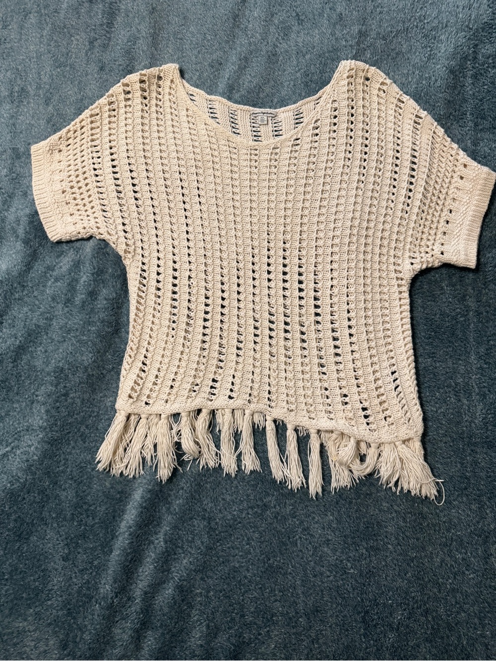 American Eagle Outfitters Cream Crochet Fringe Pullover